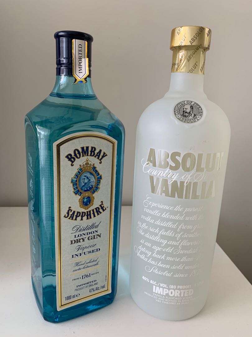 Absolut Vodka Vanilla 1L + Bombay Sapphire 1L, Food & Drinks, Alcoholic