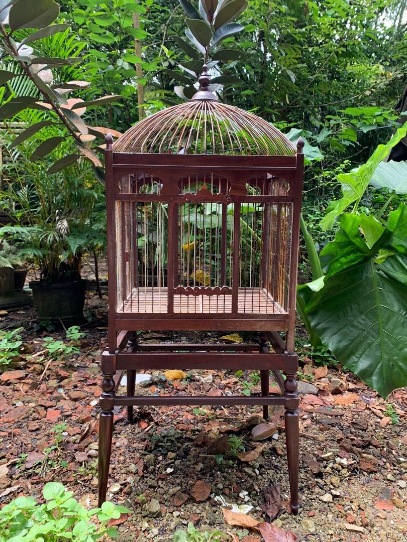 Antique Bird Cage w Stand Carved Wood Architectural, Furniture & Home