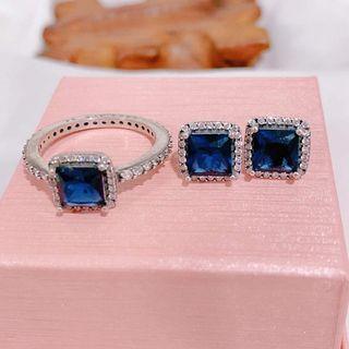 🌟BIG SALE🌟PAndora AUTHENTIC BLUE SAPPHIRE SQUARE RING AND EARRINGS SET