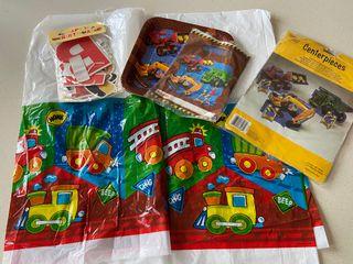 Construction Theme Party - Happy Birthday banner, Truck and Fire Engine Table Mat, Construction diggers tipper truck plates and goodie bags