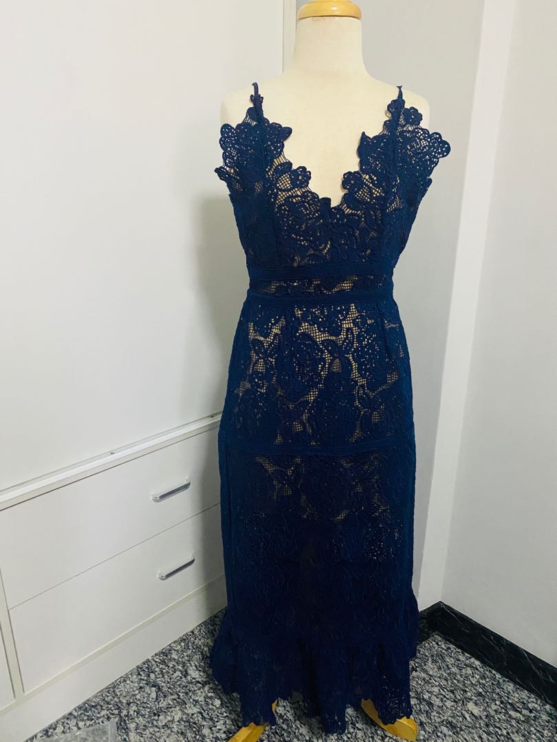 CLOTHES Foxiedox Marjorie Navy Midi Dress Navy Blue Lace Evening Gown cocktail dress Women s Fashion Dresses Sets Evening dresses gowns on Carousell