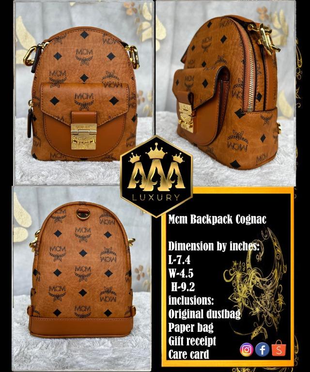 mcm cognac bagpack (Category: Luxury Bags & Wallets) located in Pasig City. Submitted by triplealuxury (Listing ID 1158243226, Image 1). Description: mcm backpack cognac Dimension by inches: L-7.4 W-4.5 H-9.2 inclusions: Original dustbag Paper bag Gift receipt Care card On Hand Pinas and ready to ship ✅open layaway ✅Brand New ✅Actual Photo free shipping nationwide COD transactions available (for repeat buyers only) more on hand photo items in PH: