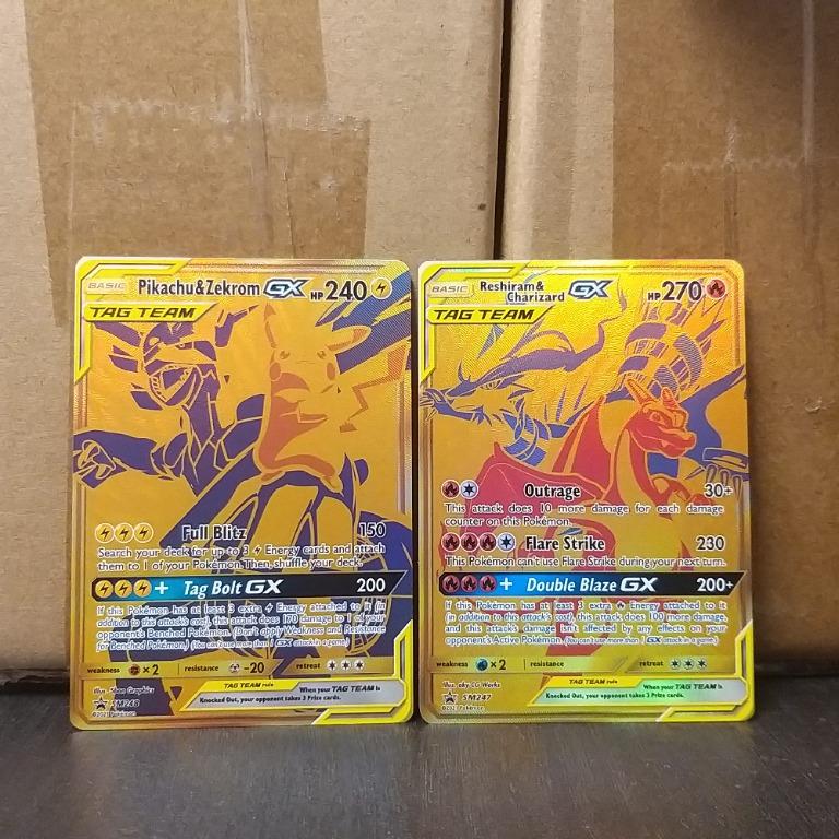 Pokemon Pikachu Zekrom Reshiram Charizard Gx Team Promo Gold Card Sm247 Sm248 Hobbies Toys Toys Games On Carousell