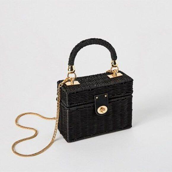 Zara Black Straw Crossbody Bag with Gold Hardware, Women's Fashion