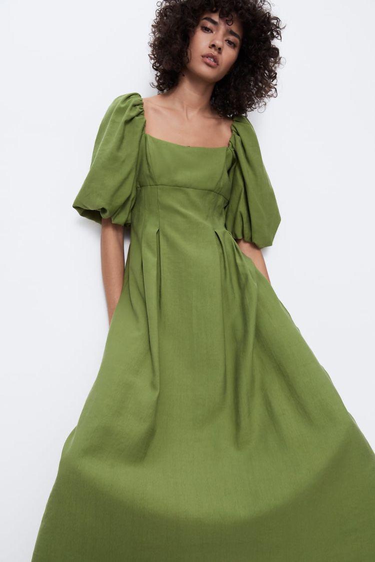 ZARA Green Puffy Sleeved Dress Size S 