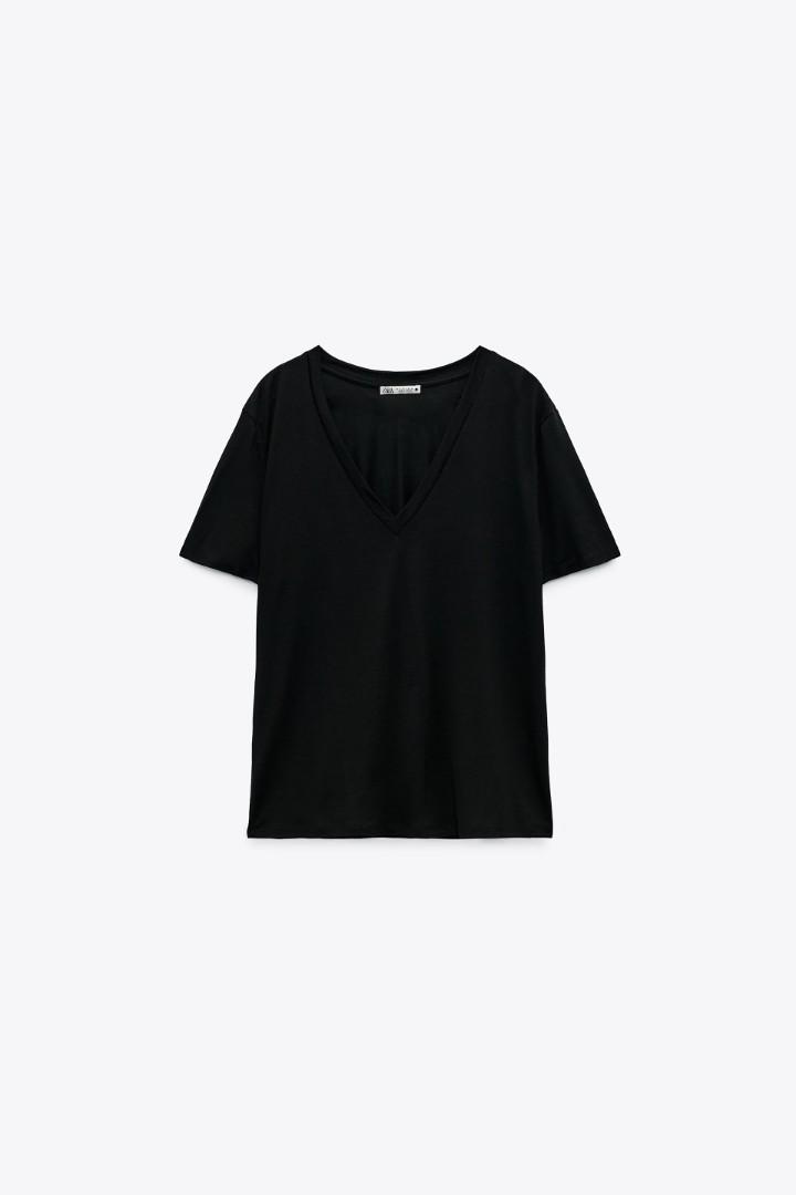 Zara V Neck T Shirts Black, Fesyen 