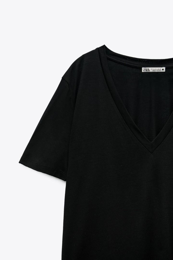 Zara V Neck T Shirts Black, Fesyen 