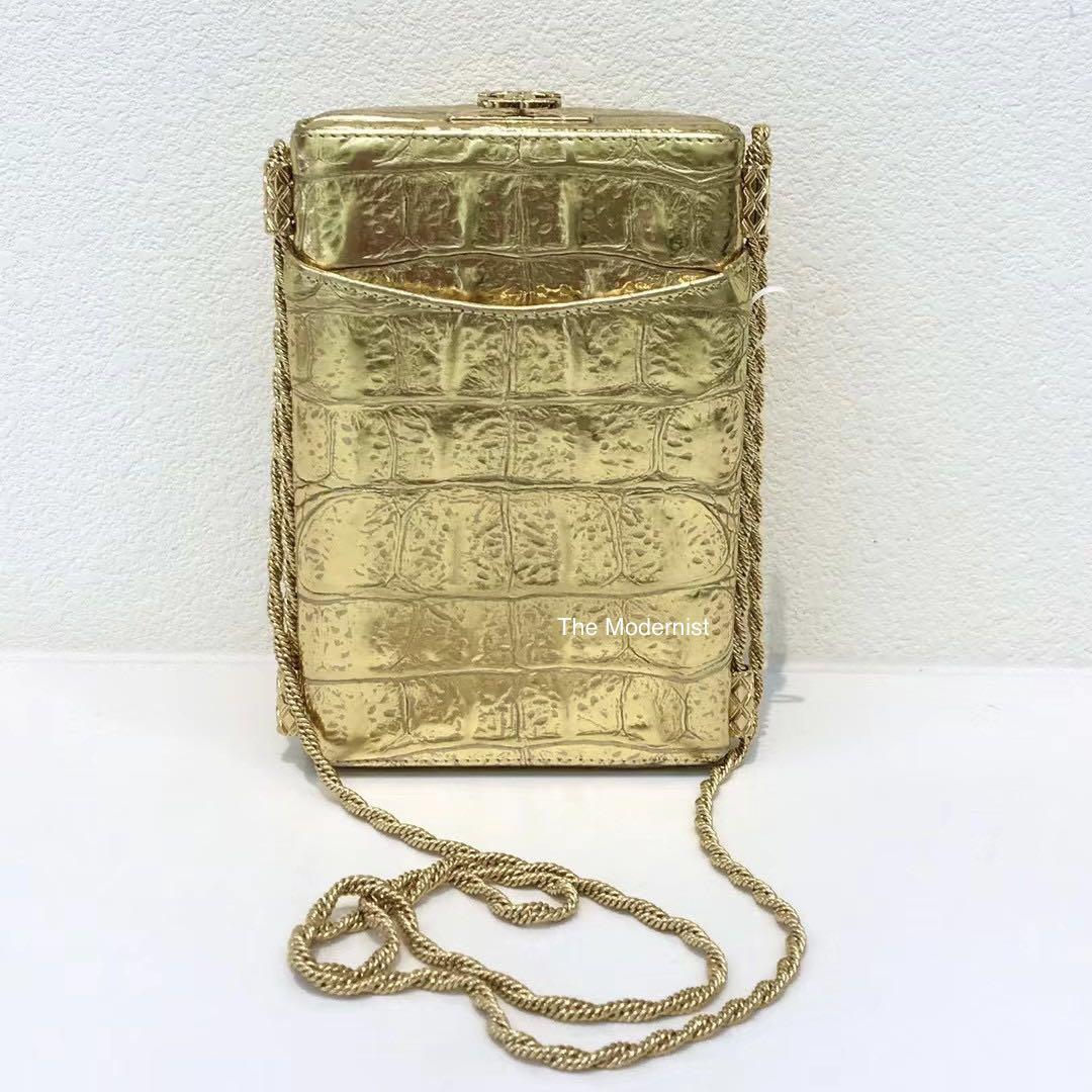 Authentic Chanel 2019 Gold Metallic Crocodile Embossed Calfskin Evening Bag