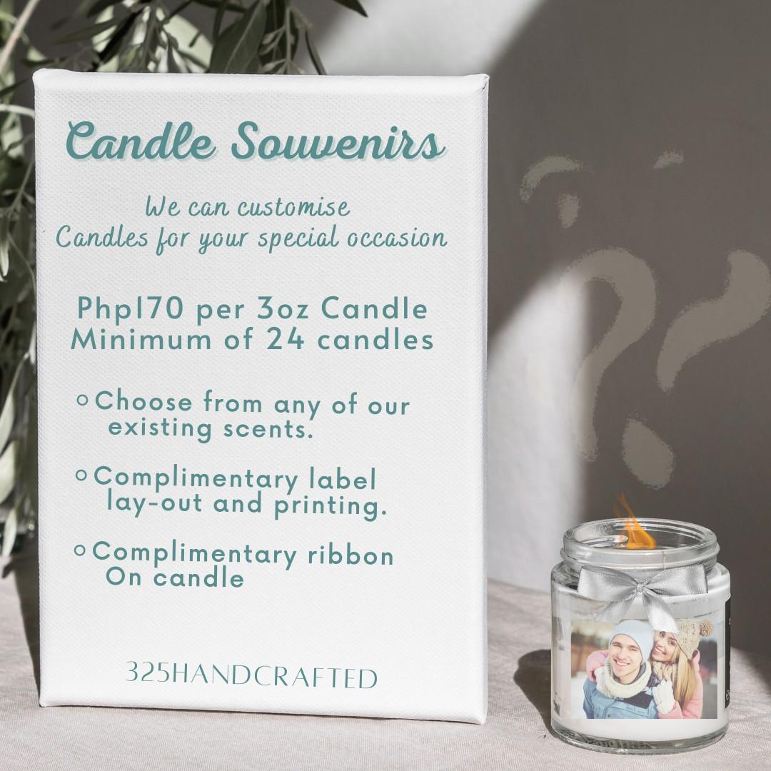 Candle Souvenirs (Category: Home Fragrance) located in Quezon City. Submitted by melishlove (Listing ID 1159900910, Image 3). Description: We specialise in Scented Candle Souvenirs for weddings, baptisms, birthdays and any occasion! Php170/candle minimum of 24 Php150/candle minimum of 48 you can find us on Instagram @325handcrafted 👍.