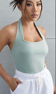 Halter Basic Rib Tank in White and Mint Green