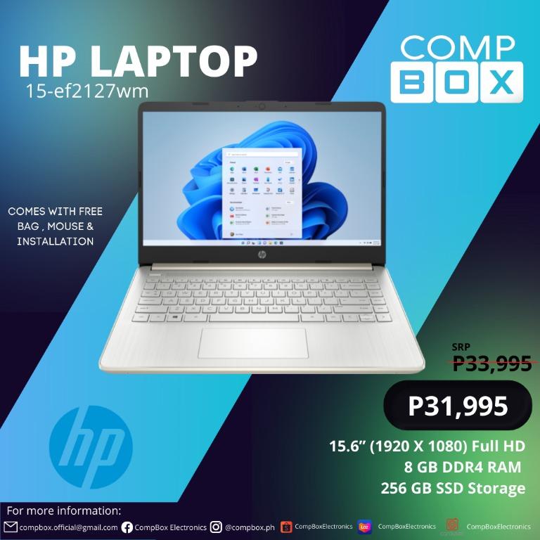 HP LAPTOP 15-ef2127wm (Category: Laptops & Notebooks) located in Manila. Submitted by CompBoxElectronics (Listing ID 1153440063, Image 1). Description: HP LAPTOP 15-ef2127wm ₱ 31,995 ONLY SPECIFICATIONS: 🔹OS: Windows 11 🔹Display: 15.6" diagonal, FHD (1920 x 1080) 🔹Processor: AMD Ryzen™ 5 5500U (up to 4.0 GHz max boost clock, 8 MB L3 cache, 6 cores, 12 threads) 🔹Graphics: AMD Radeon™ Graphics, Integrated 🔹Memory: 8 GB DDR4-3200 MHz RAM (2 x 4