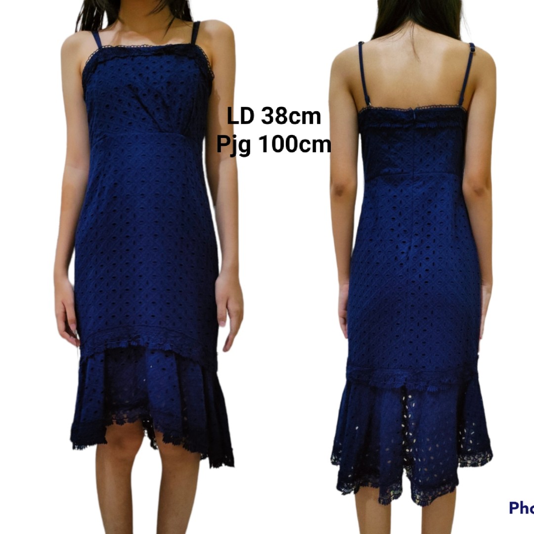 Katun eyelet midi dress navy, Fesyen 