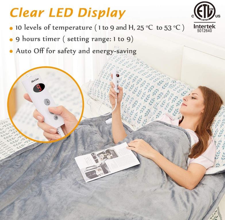 Miau0026Coco Electric Heated Blanket Throw Flannel Sherpa Fast Heating  120x160cm, 10 Heat Levels u0026 Up-to-9-Hours Auto-Off Timer u0026 LED Display, for  Home Office Use, Machine Washable, ETL Certified, Grey, Furniture u0026 Home