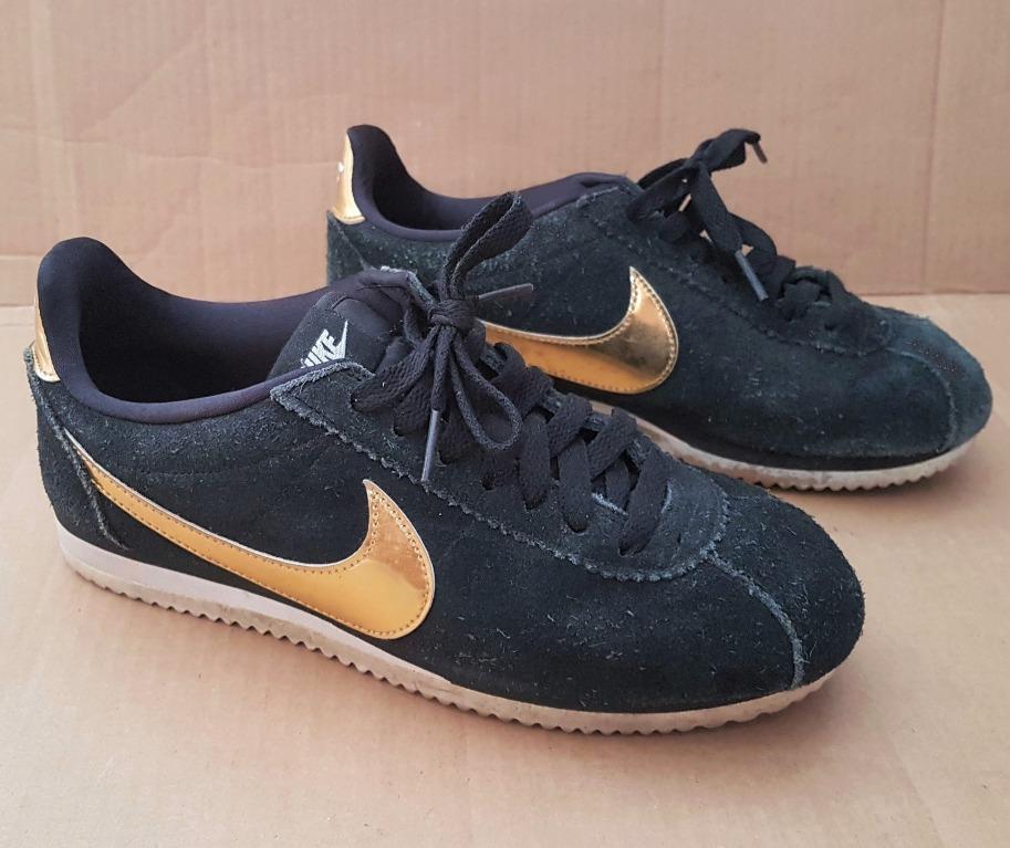 Nike cortez black and gold suede best sale