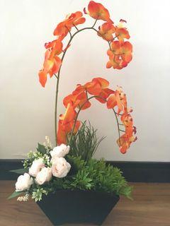 Orange Orchid and Pink Roses Flower with Vase