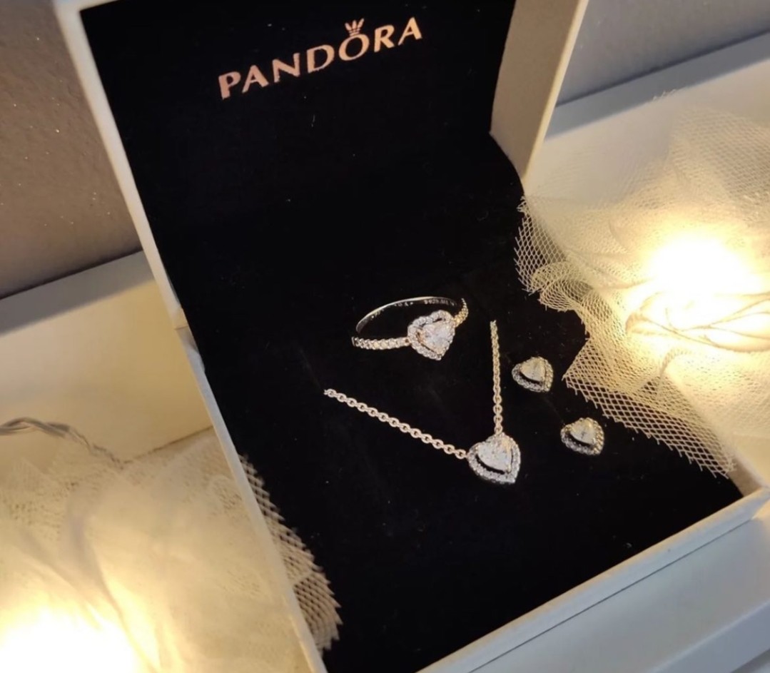 Pandora set of necklace earrings and ring heart elevated in