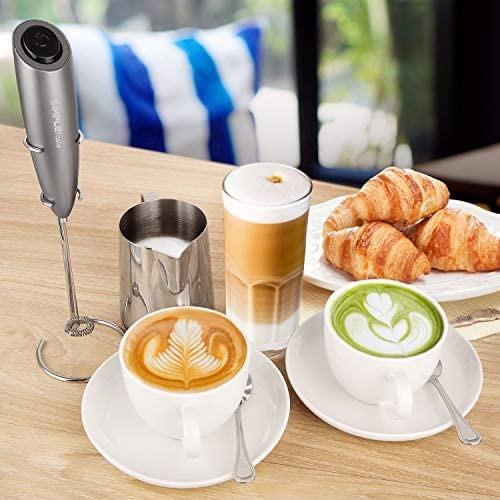 Electric Milk Frother Handheld for Drink Mixer Battery Operated, Latte,  Coffee, Foam and Cappuccino Maker - Includes Stainless Steel Stand Red
