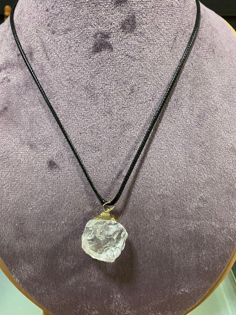 White Crystal Quartz Raw Stone Pendant w black strap Women s
