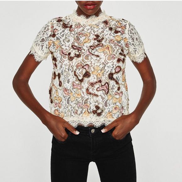 Zara floral embroidered lace top, Women's Fashion, Tops, Blouses on