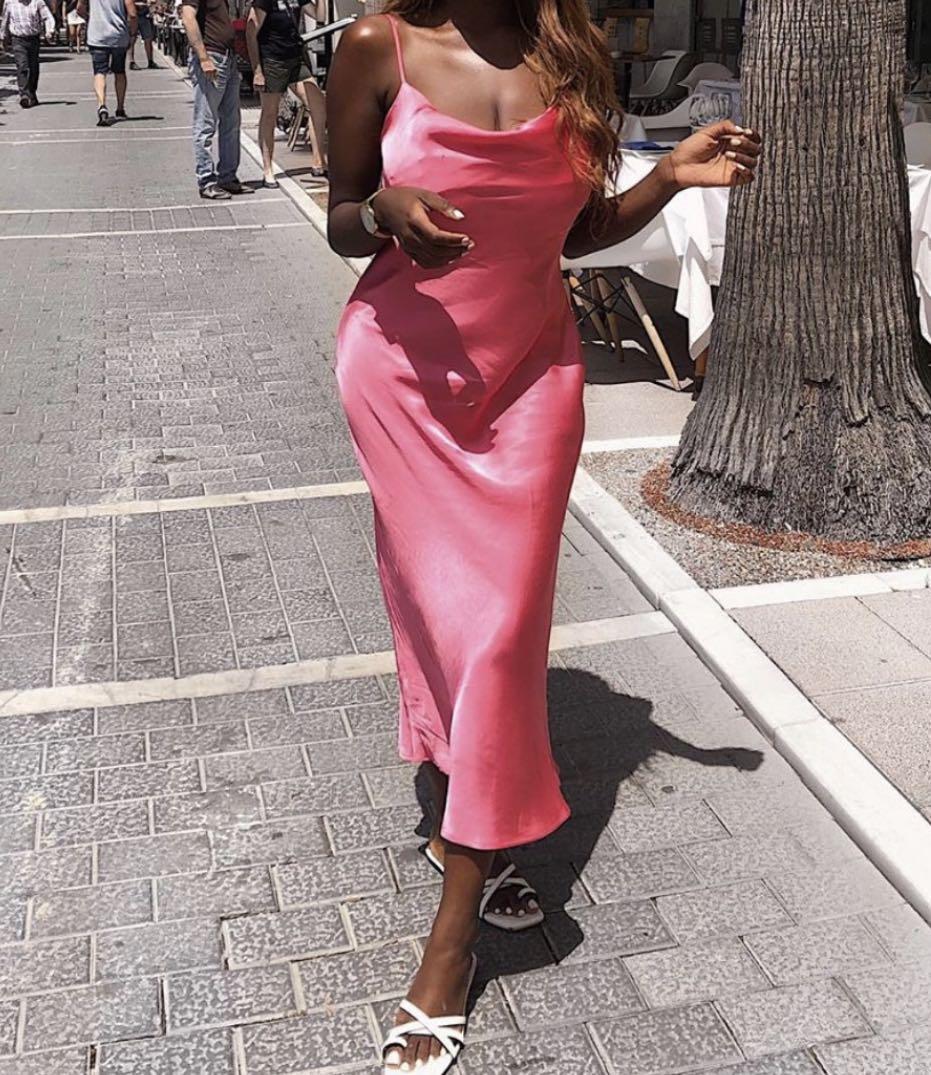 Pink satin store dress outfit