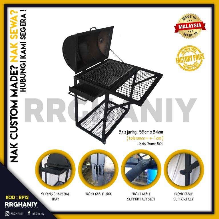 BBQ Pit Steel Drum BBQ Drum Tong Drum BBQ Full Set Size 50L With Cover And Rectangle Stand