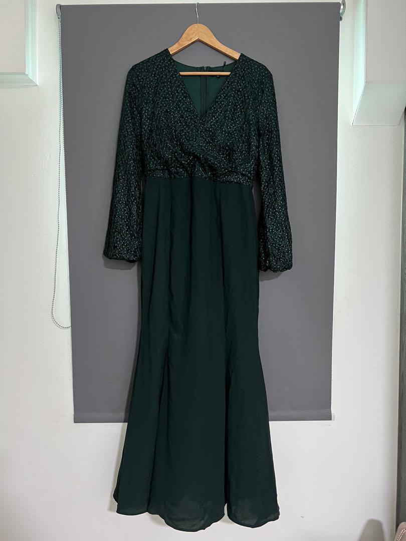 embroidered lace wrap mermaid dress zalia in forest green, Women's