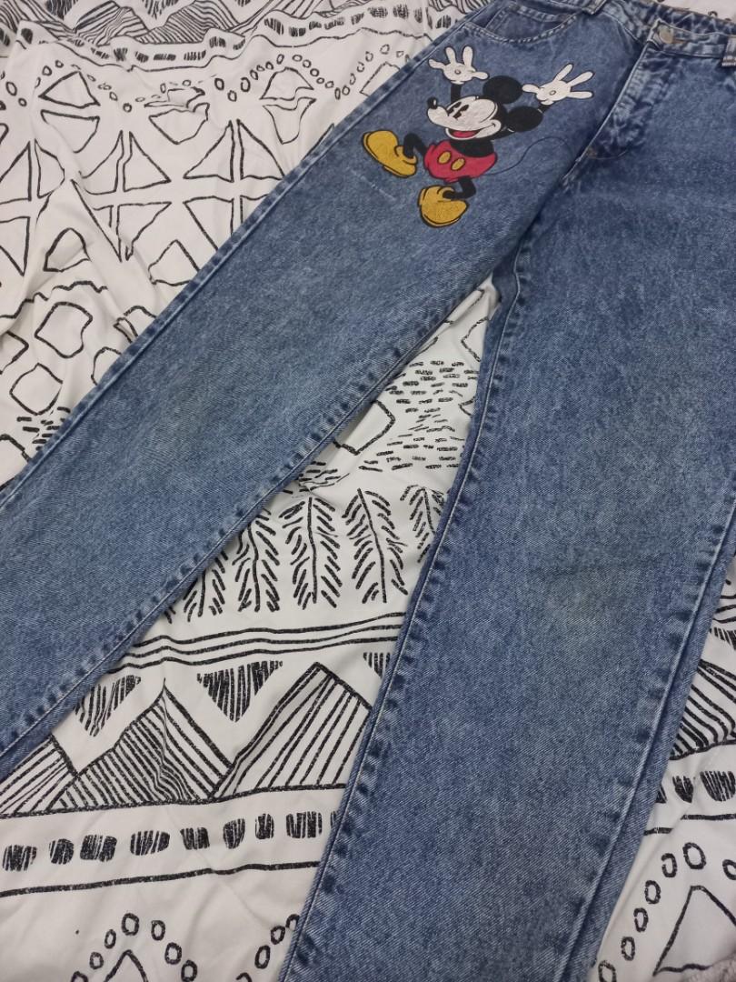 Jeans mickey mouse zara look like, Fesyen Wanita, Pakaian Wanita, Bawahan  di Carousell