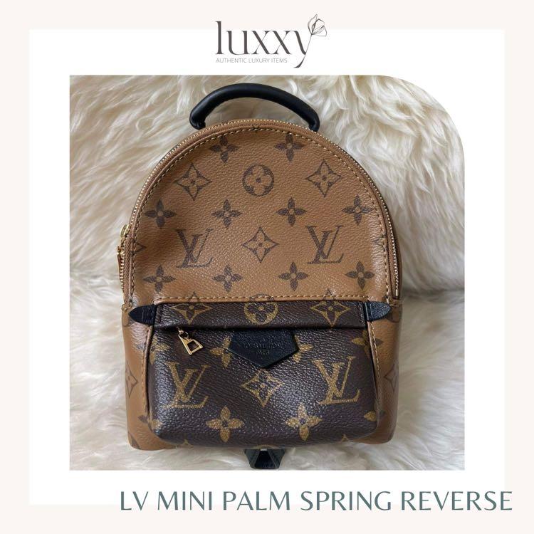 LV MINI PALM SPRING REVERSE (Category: Luxury Bags & Wallets) located in San Jose del Monte. Submitted by luxxyluxuryitems (Listing ID 1160058629, Image 2). Description: This Palm Springs backpack from Louis Vuitton is a functional piece ideal for people with an on-the-go lifestyle. Stylish and sporty, the bag is crafted with monogram coated canvas and detailed with leather trims. It features a front zip pocket, a top handle and snugly padded sho