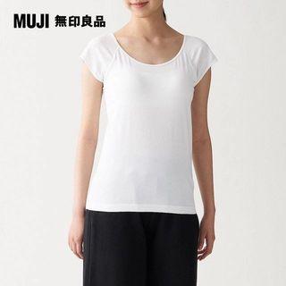 【MUJI 無印良品】女棉混蠶絲有杯法式袖T恤_灰色