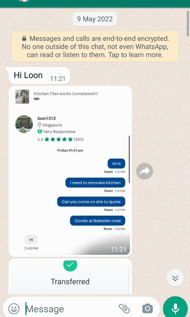 Owner Transportation Charges to Loon1313 Renotractors Pte Ltd