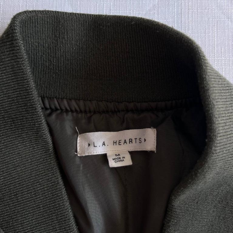 Pacsun LA Hearts Olive Green Bomber Jacket (Category: Coats, Jackets and Outerwear) located in Quezon City. Submitted by mccev (Listing ID 1159993107, Image 2). Description: Bought this in the states for $60 (3k+ PHP) From Pacsun, their LA Hearts line Good condition, used very lightly 3x Fits S-M Length 23” Width 20”.