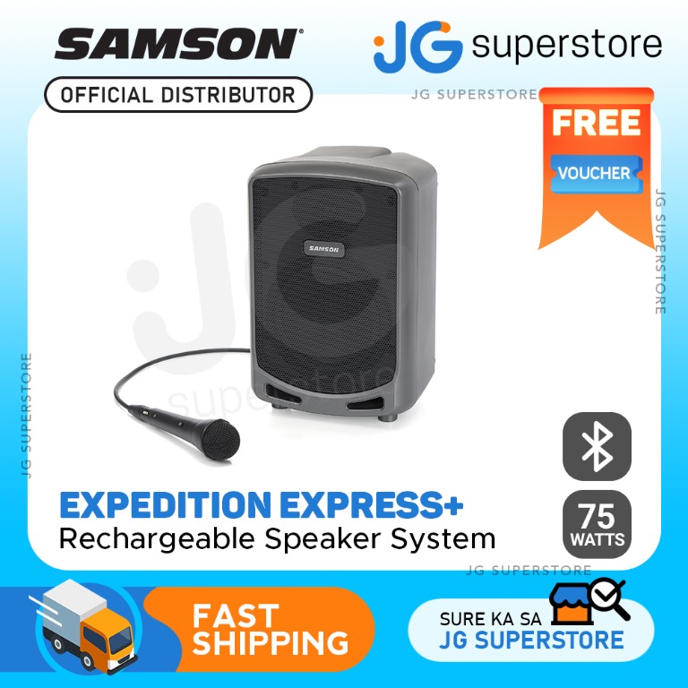 Samson Expedition Express+ Plus Rechargeable PA System Wireless Bluetooth  Speaker 75 Watts with Handheld Microphone, 3 Channel Mixer, 20h Playtime |  JG Superstore, Audio, Soundbars, Speakers & Amplifiers on Carousell