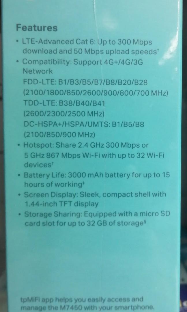 Tp link M7450 4g Pocket Wifi (Category: Networking) located in Rizal. Submitted by Technobyte (Listing ID 1159979791, Image 2). Description: Tp link m7450 300mbps LTE advanced mobile wifi ac 1200 dual band wifi LTE ADVANCED CAT 6:UP TO 300MBPS DOWNLOAD AND 50 MBPS UPLOAD SPEEDS COMPATIBILITY : SUPPORT 4G+/4G/3G Network..