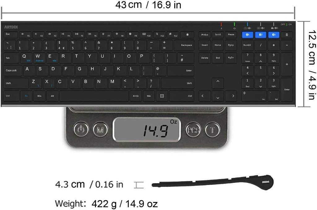 Arteck 2.4G Wireless Keyboard Stainless Steel Ultra Slim Full Size