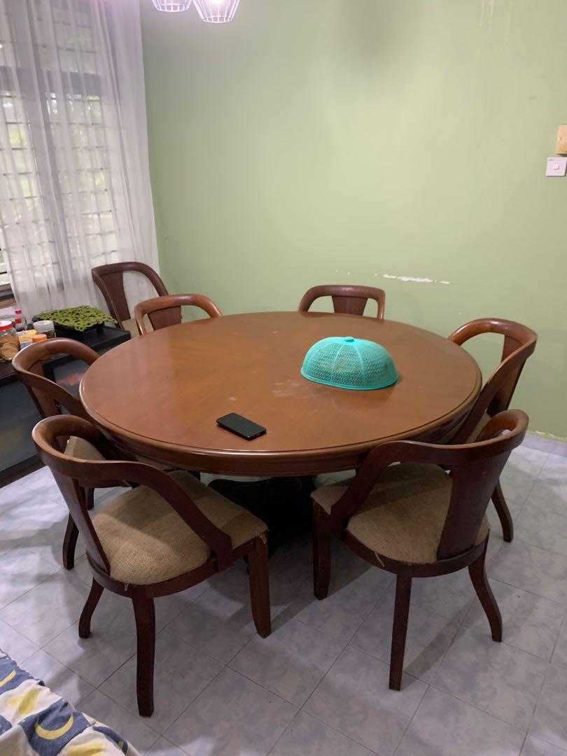 Big wood round dining table with 8 chairs, Furniture & Home Living