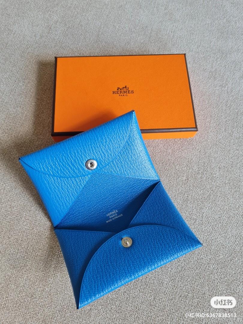 Hermes Blue Hydra Epsom Leather Calvi Duo Compact Card Holder