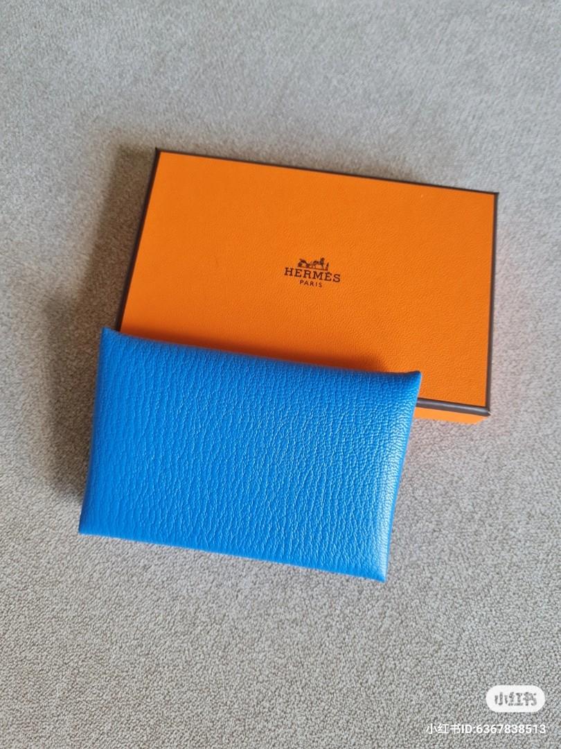 Hermes Calvi Blue Celeste Chevre Mysore Leather Card Holder