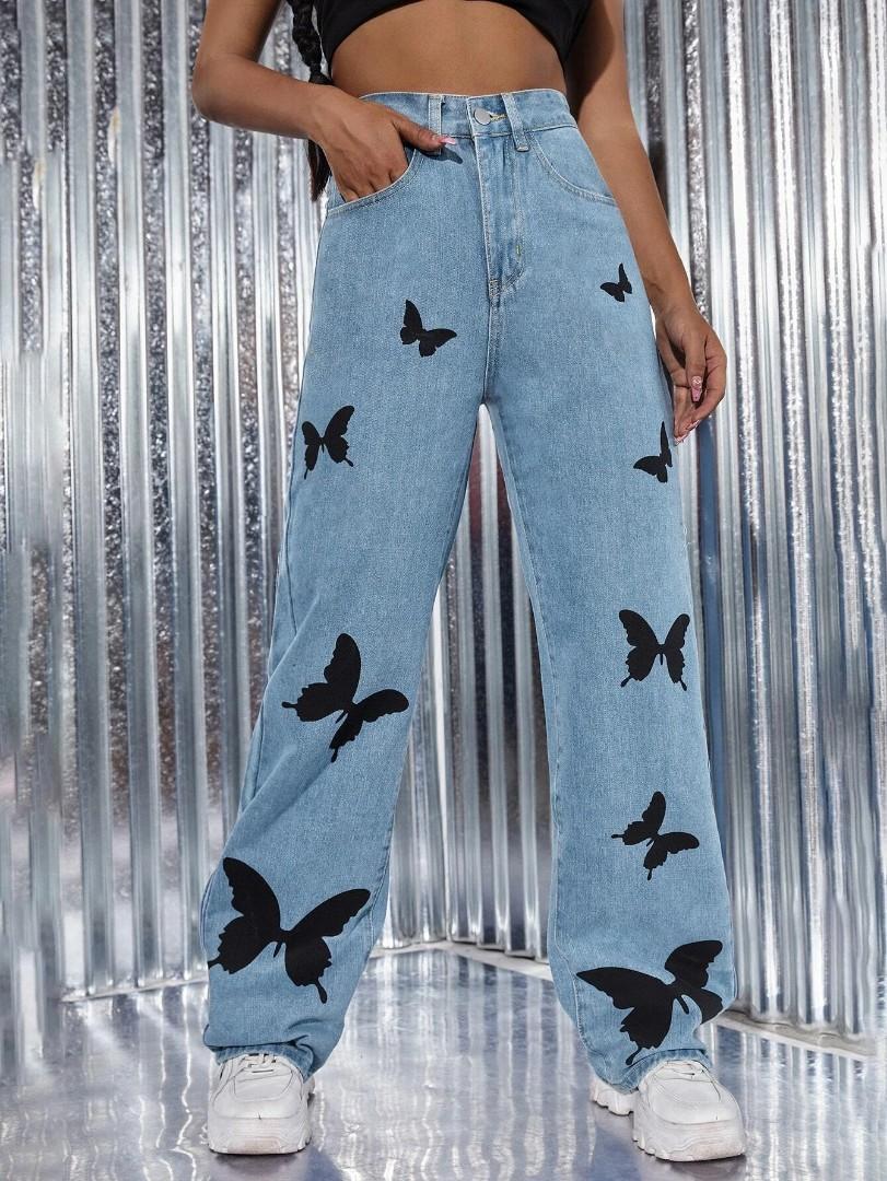 Butterfly printed jeans, Fesyen Wanita 