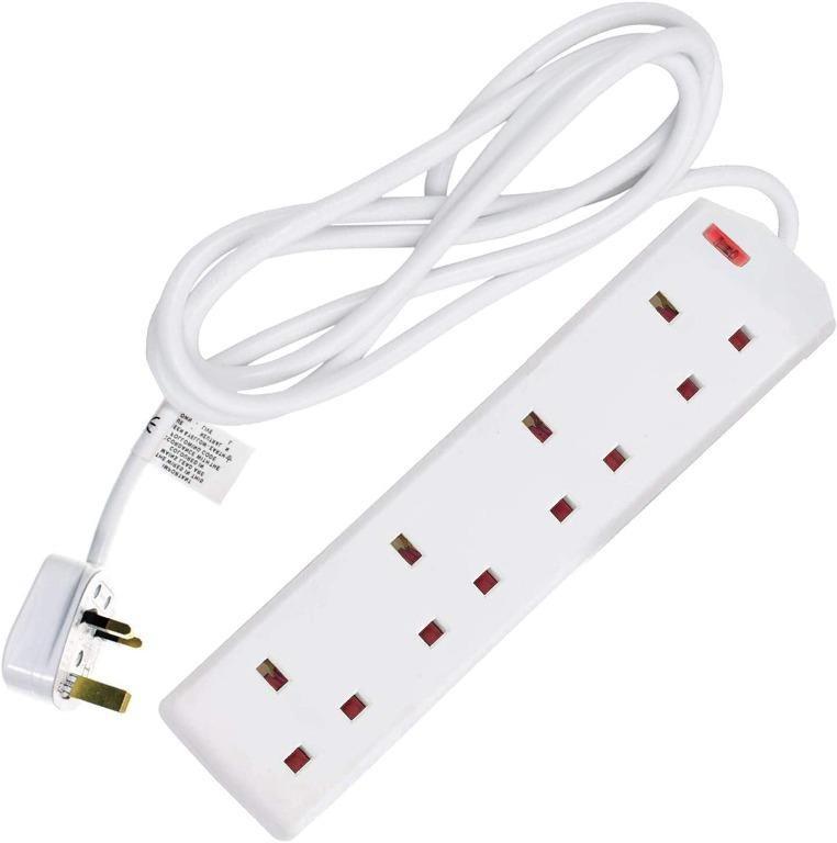 TOP UK Extension Lead Cable Electric Mains Power 2 Gang Way Plug Socket WHITE