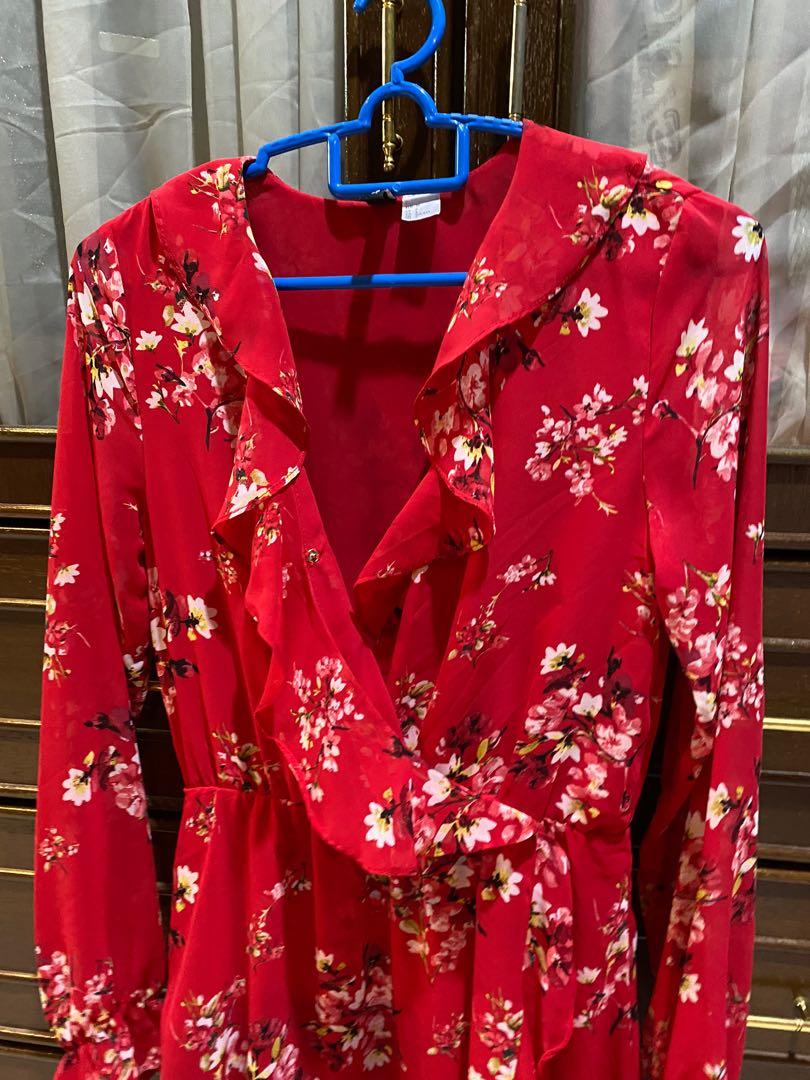 H M Floral Red Romper Dress