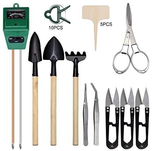 10Pcs Bonsai Tools Kit Soil Meter 3 in 1 Stainless Steel Tweezers. Leaf Trimmer Wide Spade Moisture Sensor/Sunlight/pH Soil Meter for Bonsai Folding Scissor Rake with Spatula Long Spade