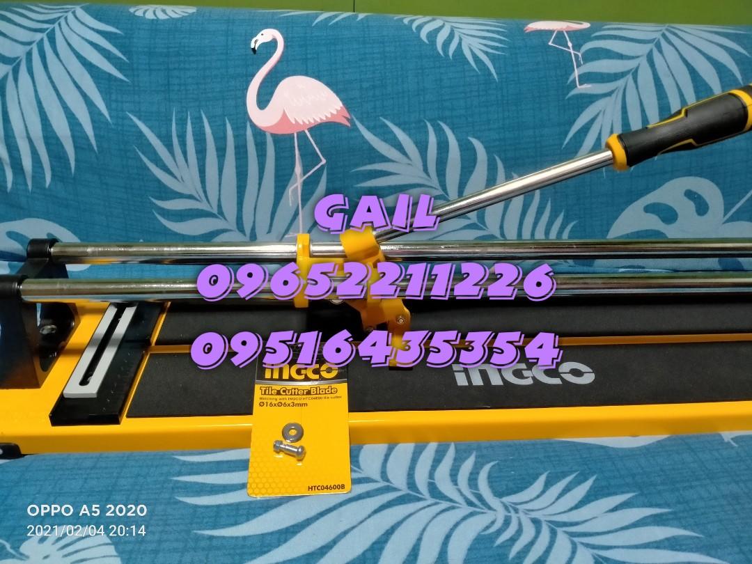 INGCO 600mm Manual Tile Cutter (Category: Construction Tools & Equipment) located in Caloocan City. Submitted by abieghail (Listing ID 1160123057, Image 3). Description: INGCO Manual Tile Cutter with FREE blade - HTC04600 Price : ₱2,500 Only! • Max cutting length: 600mm • Max cutting thickness: 12mm steel • Base size: 815x195cm • Thickness of the base: 2mm • With 1pc Tungsten carbide blade • Blade size: 16x6x3mm • Multi-function: Direct line cutt