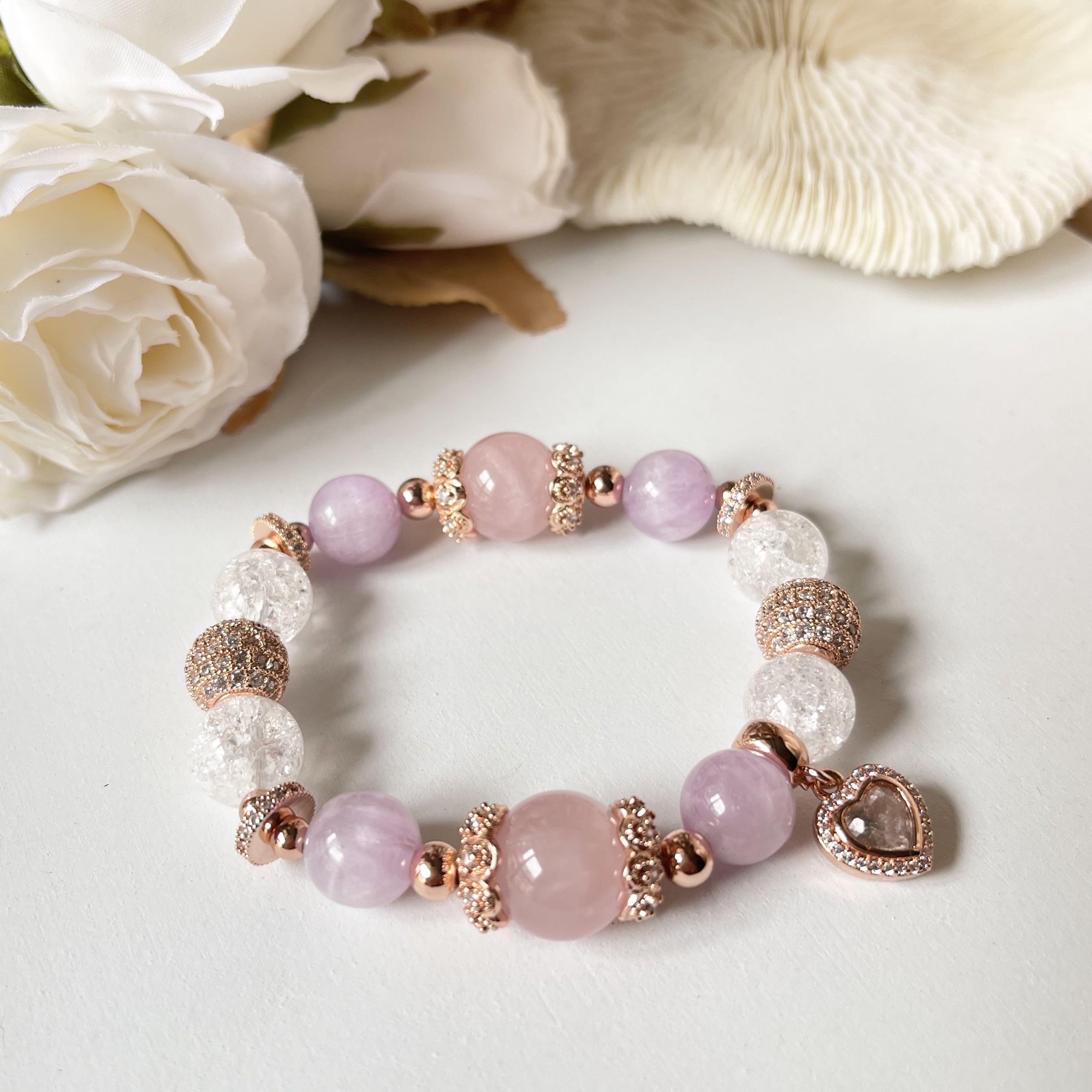 Kaylie LOVE SELF LOVE POSITIVITY CRYSTAL GEMSTONE CUSTOM BRACELETS GEMSTONES Madagascar Rose Quartz Kunzite Crackled Quartz in 14k Plated