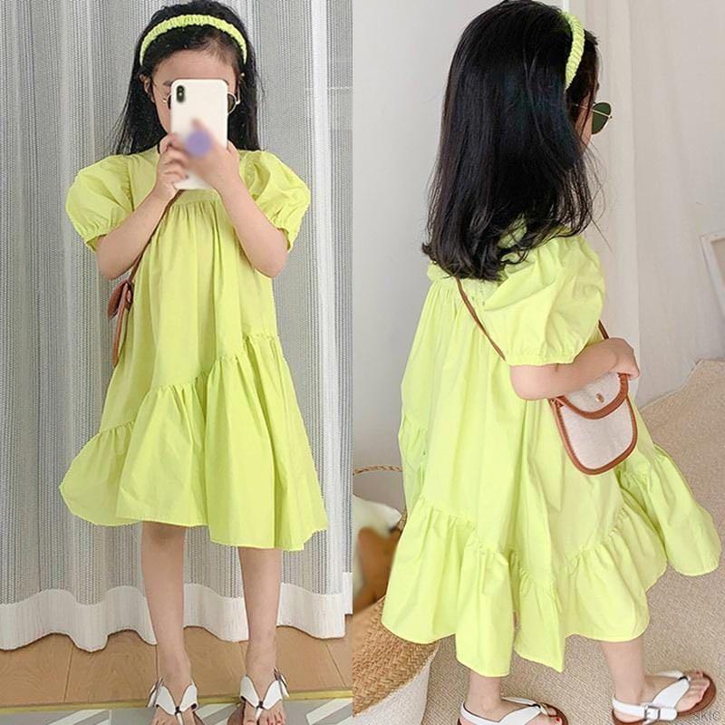 Kids Summer Solid Colour Dress Free Gift hair clip ribbon macam