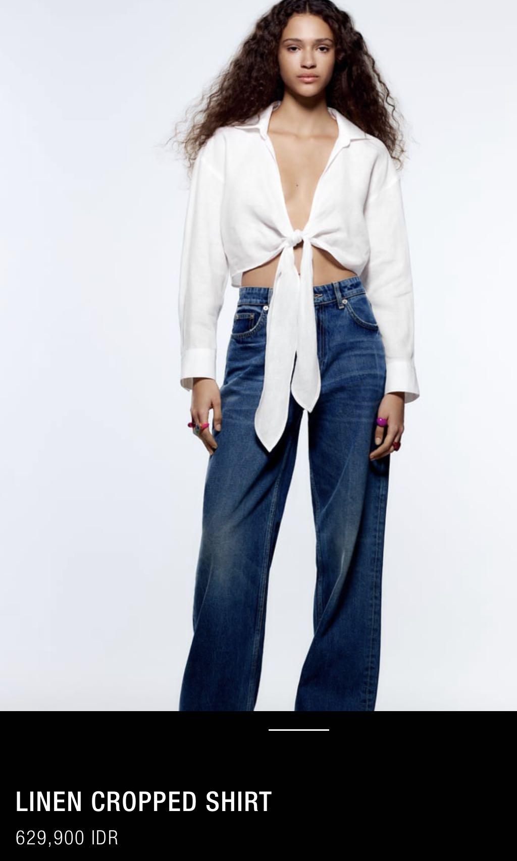 Linen cropped shirt zara women, Fesyen 