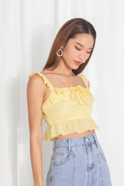 LOVET PENELOPE EYELET RUFFLE CROP TOP MADEBYLOVET MARIGOLD YELLOW Women s Fashion Tops Sleeveless on Carousell