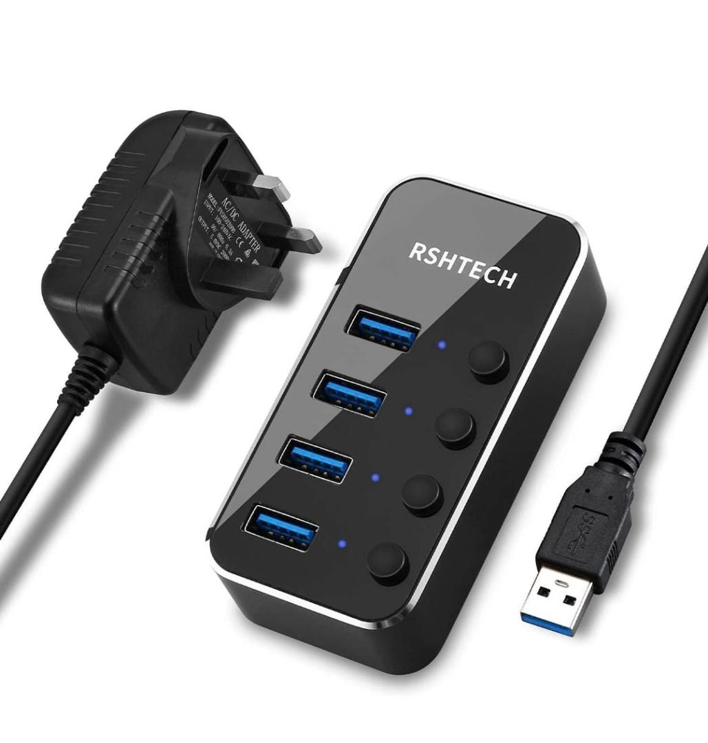 Powered USB Hub RSHTECH Aluminum 4-port USB 3.0 Hub with 5V/2A Power ...