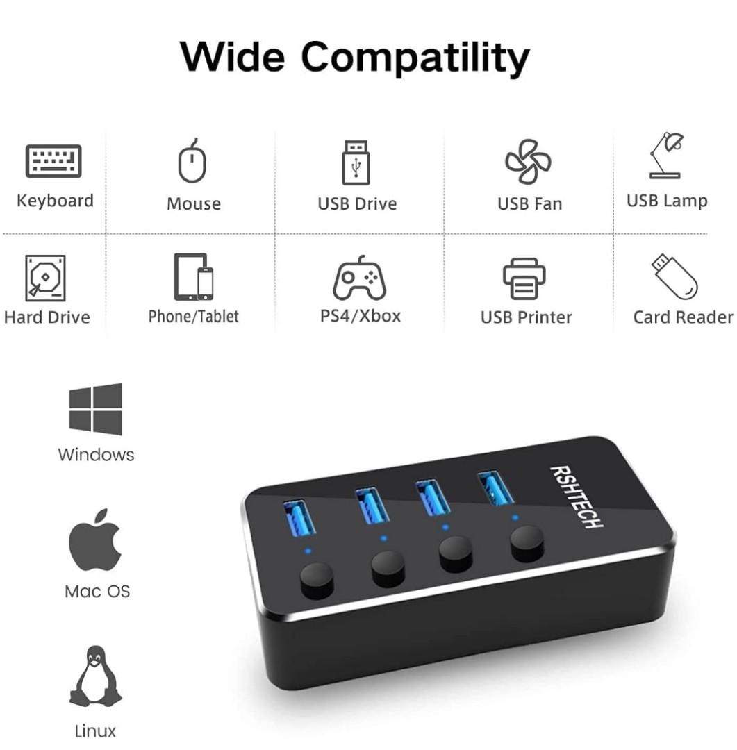 Powered USB Hub RSHTECH Aluminum 4-port USB 3.0 Hub with 5V/2A Power ...