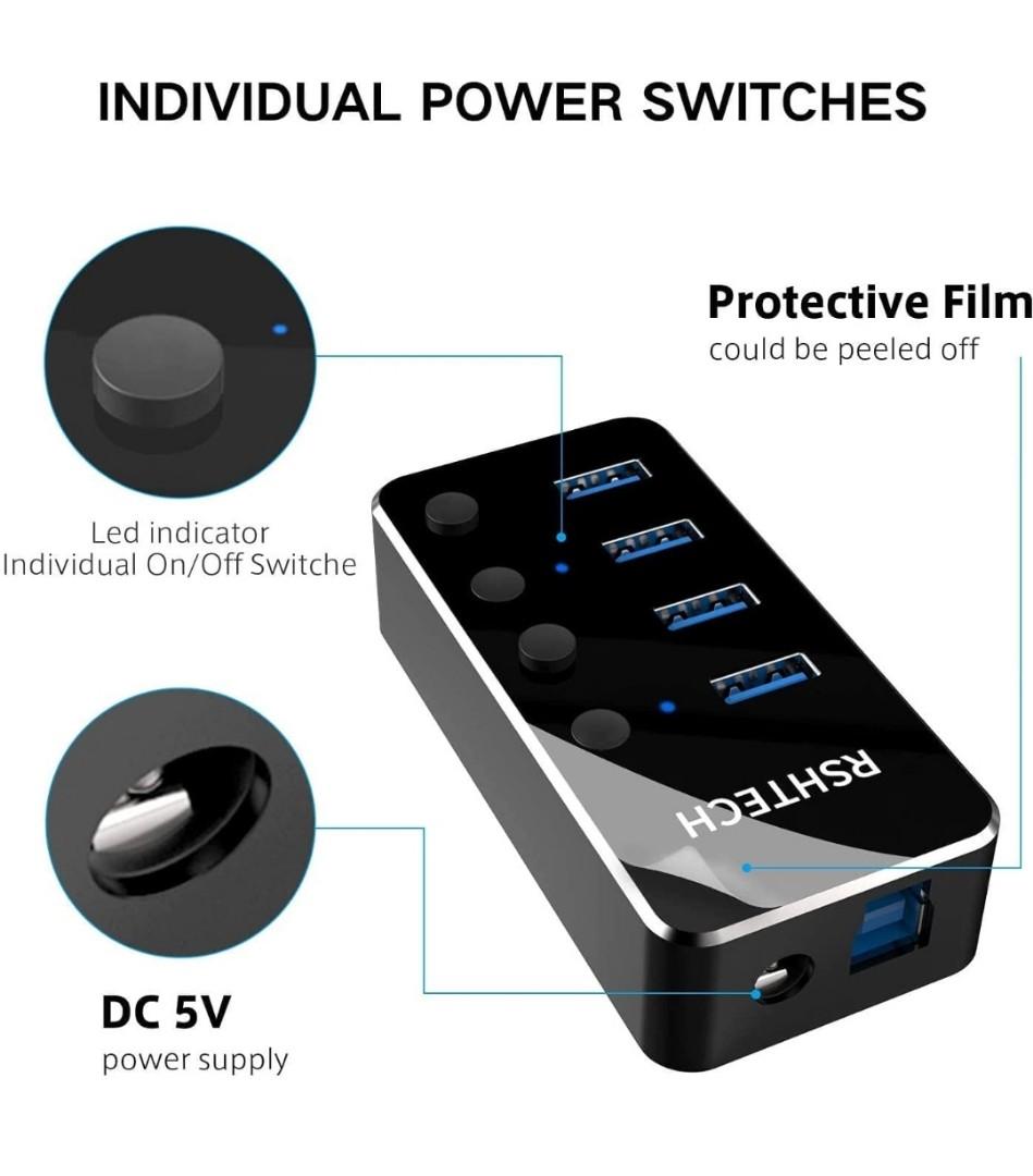 Powered USB Hub RSHTECH Aluminum 4-port USB 3.0 Hub with 5V/2A Power ...