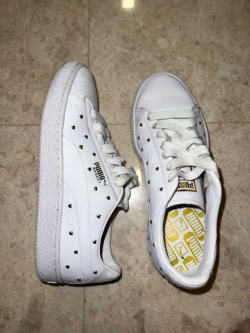 PUMA Women s Basket Studded Low top Sneakers in White Team Gold